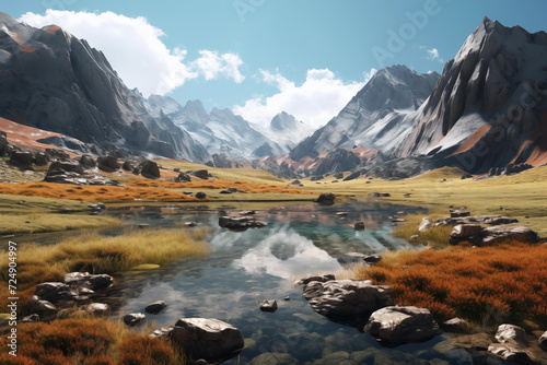Fantasy landscape with mountains and lake. Hyper realistic illustration