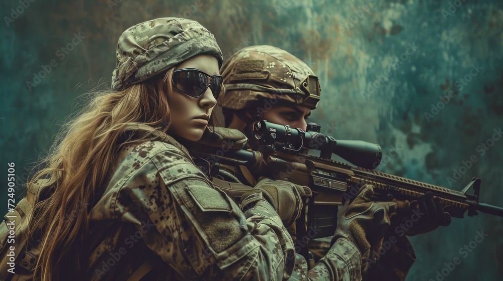 Fototapeta premium A female soldier holding a sniper rifle AI generated image
