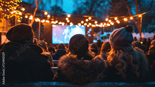 Winter Wonderland Cinema: People Enjoying a Movie in an Open Air Theater Amidst the Chilly Air