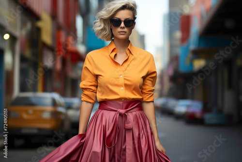 A pop of color as the most beautiful Swedish woman poses in a vibrant midi skirt and matching accessories, standing out against the urban backdrop.