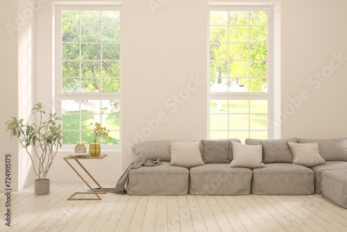 White living room with sofa and summer landscape in window. Scandinavian interior design. 3D illustration