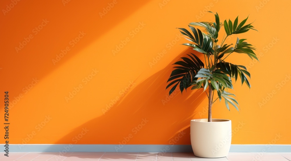 Pièce avec mur éclairé peint en orange avec des plantes vertes, image avec espace pour texte. Pièce avec mur éclairé peint en orange avec des plantes vertes, image avec espace pour texte.