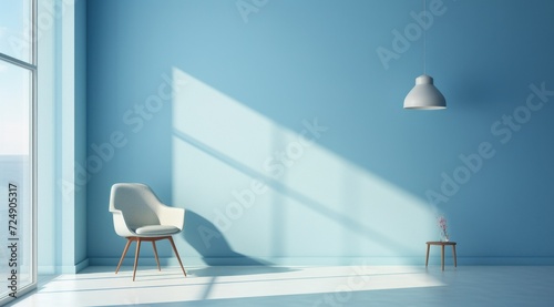 Pièce avec mur éclairé peint en bleu avec un fauteuil et une lampe, image avec espace pour texte. photo