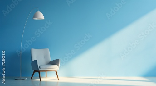 Pièce avec mur éclairé peint en bleu avec un fauteuil et une lampe, image avec espace pour texte.