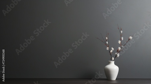 Un pot avec des fleurs devant un mur de couleur noir, image avec espace pour texte. photo