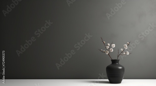 Un pot avec des fleurs devant un mur de couleur gris, image avec espace pour texte. photo