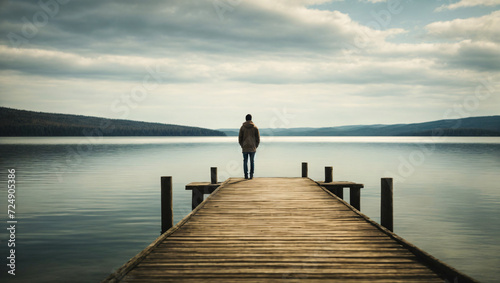 person standing alone on a dock looking out over the vast ocean landscape