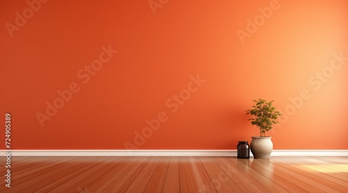 Pièce avec mur éclairé peint en orange avec des plantes vertes et du parquet, image avec espace pour texte.