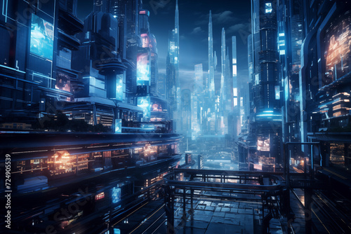 Night scene of modern city. Hyper realistic illustration