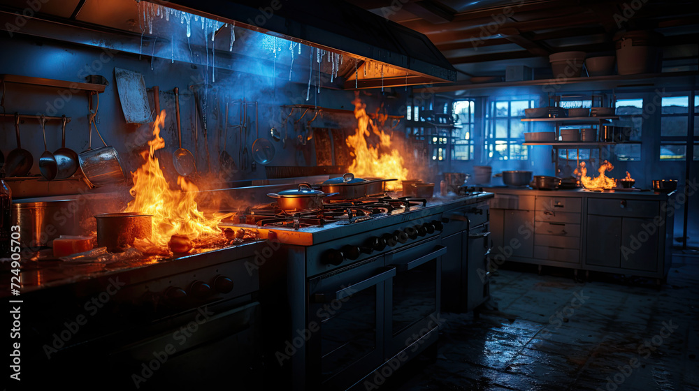 Kitchen fire accident, During cooking, Smoke and soot around.