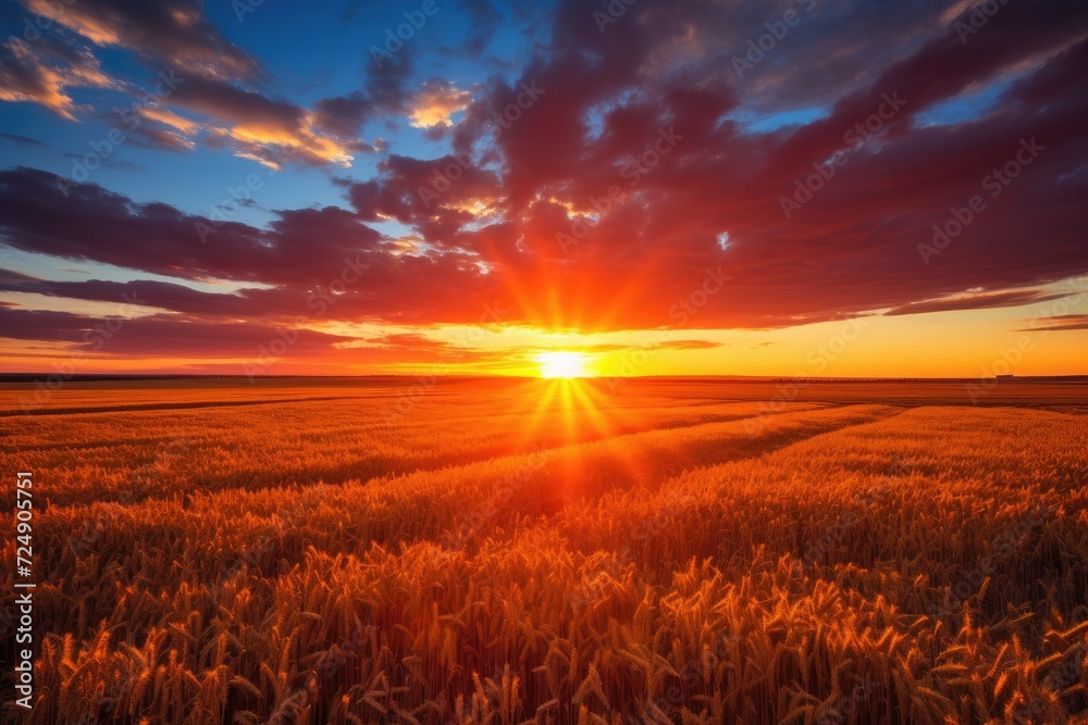 A serene and picturesque scene of the sun setting over a field of wheat, creating a warm and golden glow on the tranquil landscape, Spectacular sunset over the field, AI Generated