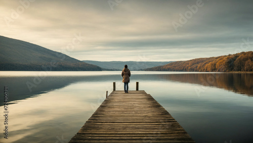 person standing alone on a dock looking out over the vast ocean landscape