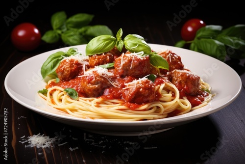 A mouthwatering dish of spaghetti topped with flavorful meatballs and fresh basil leaves, Spaghetti with tomato sauce and meatballs, AI Generated