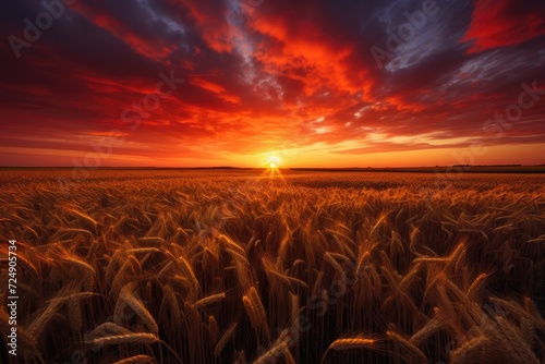 A captivating photo capturing the serene beauty of the sun setting over a vast wheat field, Spectacular sunset over the field, AI Generated © Iftikhar alam
