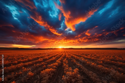 A stunning photograph capturing the sun as it dips below the horizon, casting a warm, golden light over a sprawling field, Spectacular sunset over the field, AI Generated