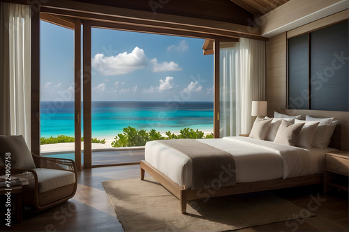 Luxury hotel bedroom with a large window that shows stunning view of the turquoise sea and beach