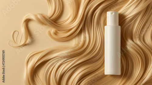 Hair serum bottle, blank tube container mockup on blonde hair background photo