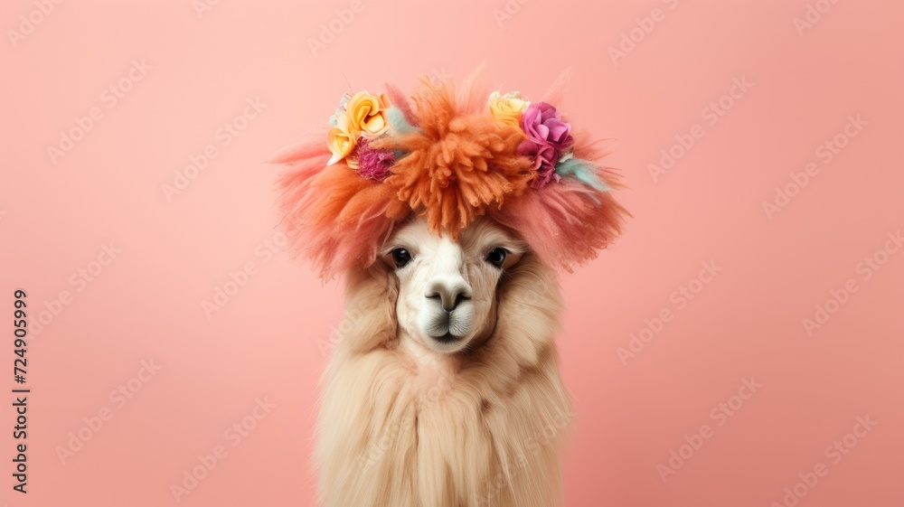 A llama wearing a flower crown on its head stands in a field surrounded by grass and trees.