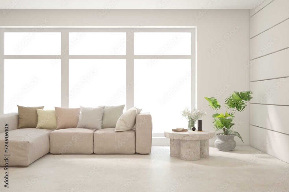 Fototapeta premium White living room with sofa. Scandinavian interior design. 3D illustration
