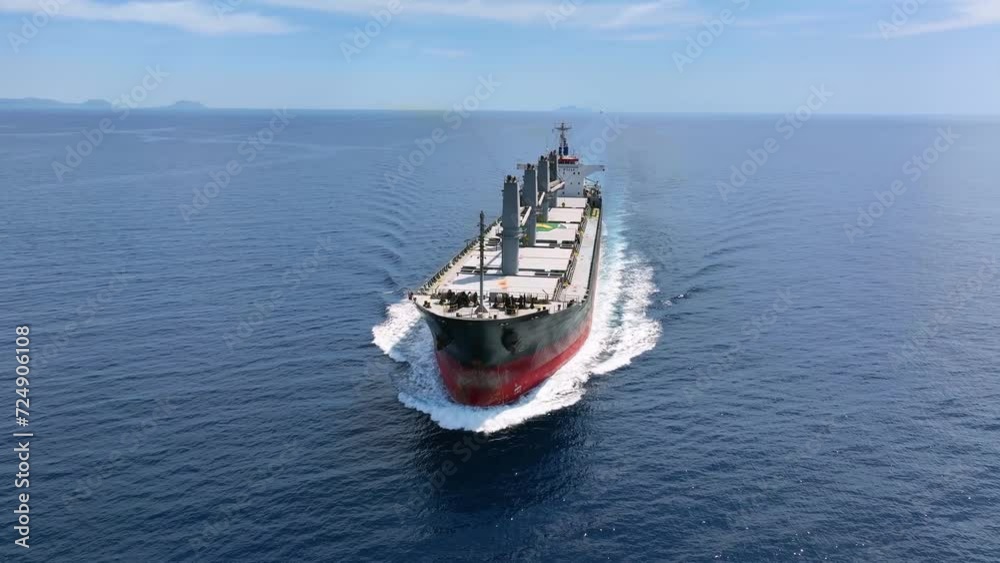 Aerial view of a bulk carrier cargo vessel traveling with high speed over blue sea as a concept for import and export industry Aerial view of a bulk carrier cargo vessel traveling with high speed over blue sea as a concept for import and export industry