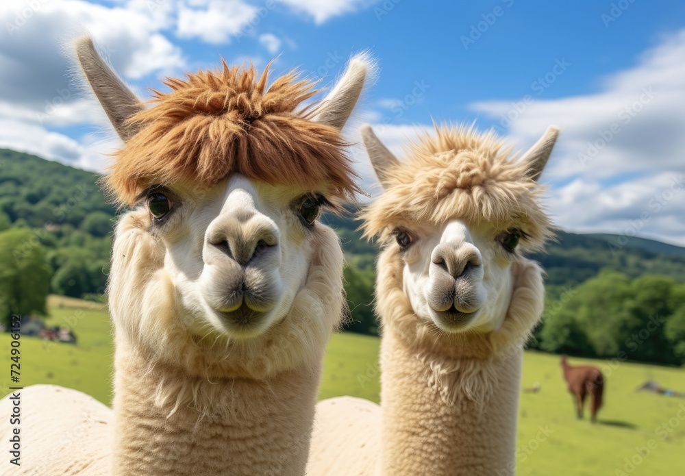 Two llamas stand side by side in a grassy field, showcasing their unique appearance and social behavior.