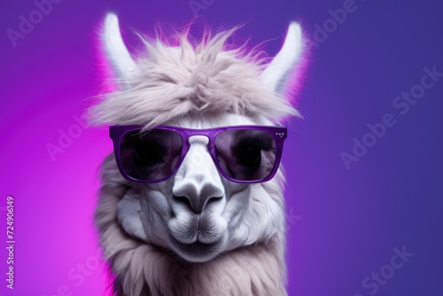 A llama wearing sunglasses stands against a vibrant purple background, creating a playful and unique image. © pham