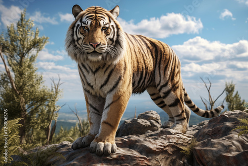 Siberian tiger standing on the rock and looking at the camera. Hyper realistic illustration