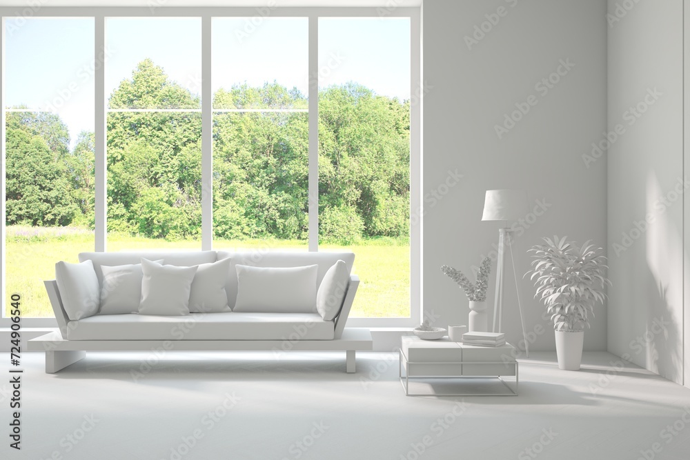 Fototapeta premium Grey living room concept with sofa and summer landscape in window. Scandinavian interior design. 3D illustration