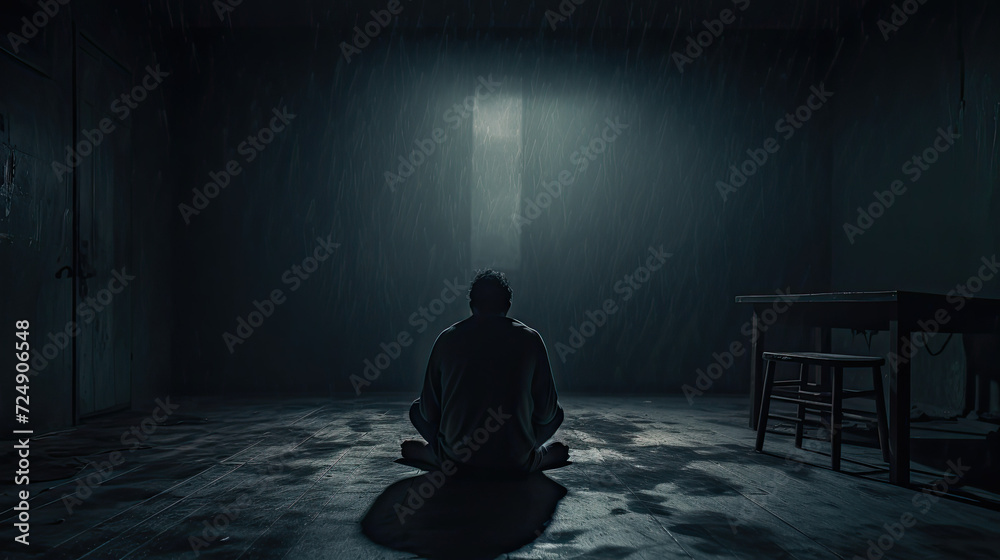 Sad man sitting alone. Depression and loneliness concept Sad man sitting alone. Depression and loneliness concept