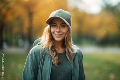 A woman is captured wearing a green jacket and matching hat. © pham