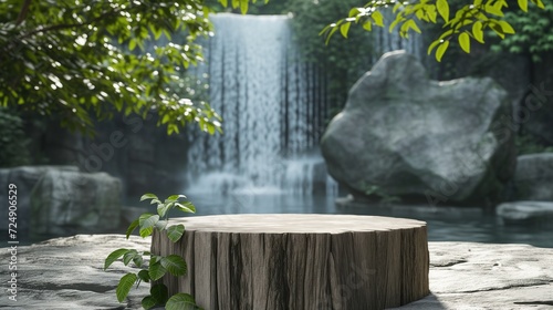 Fototapeta Naklejka Na Ścianę i Meble -  tree trunk podium for product display, beautiful waterfall background