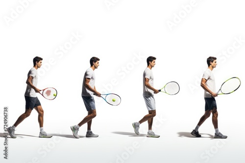 A man is seen walking while holding tennis rackets in his hands, Tennis players are about to serve with rackets on a white background, full body, side view, AI Generated