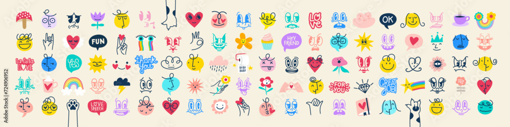 Groovy Funny Love sticker set. Cartoon Characters and Lettering in Different Styles. Happy valentine's day concepts. Trendy retro 60s 70s style emoji snd Templates. Full Vector Illustrations - obrazy, fototapety, plakaty 