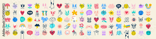 Groovy Funny Love sticker set. Cartoon Characters and Lettering in Different Styles. Happy valentine's day concepts. Trendy retro 60s 70s style emoji snd Templates. Full Vector Illustrations © FourLeafLover