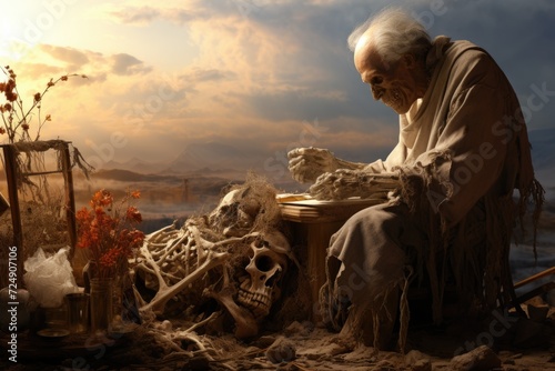 An unsettling photo of a man calmly sitting in a chair beside a haunting pile of skeletons, The end of life, AI Generated photo
