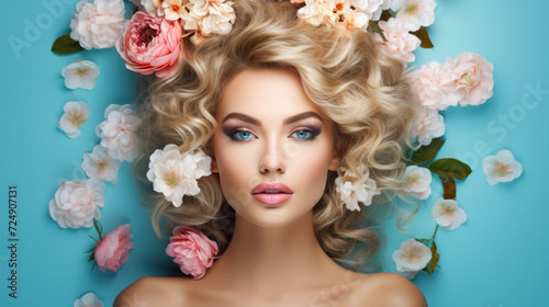 Beauty Fashion Model Girl Portrait with pink Roses Hairstyle blue background. Beautiful Luxury Makeup and Hair and Manicure Vogue Style