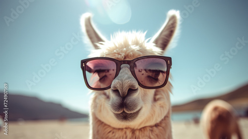 A llama, up close, wearing sunglasses and looking directly at the camera.