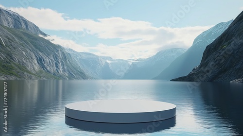 white podium for product display, floating on water, beatiful fjords background photo