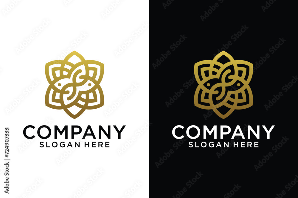 Swirling fish pointed star pattern with modern logo design simple lines Fish couple logo with gold color elements flat design style - obrazy, fototapety, plakaty 