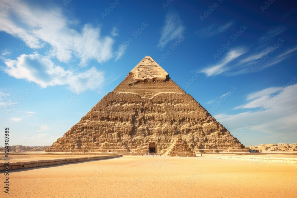 Ancient Pyramid Rising Majestically Amidst Vast Desert Landscape, The Great Pyramid of Khafre, also known as the Pyramid of Khafre, located in Giza, Egypt, AI Generated Ancient Pyramid Rising Majestically Amidst Vast Desert Landscape, The Great Pyramid of Khafre, also known as the Pyramid of Khafre, located in Giza, Egypt, AI Generated