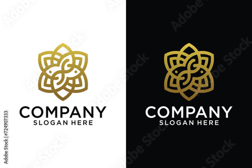 Swirling fish pointed star pattern with modern logo design simple lines Fish couple logo with gold color elements flat design style