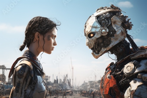 A woman stands next to a modern robot amidst the bustling streets of a city, Concept of environmental pollution, Pile of garbage and waste in the sea, AI Generated