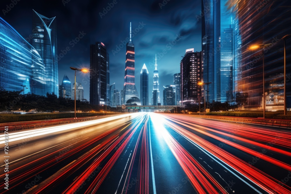 Bustling City Street With Heavy Night Traffic, The light trails on a modern building background in Shanghai, China, AI Generated - obrazy, fototapety, plakaty 