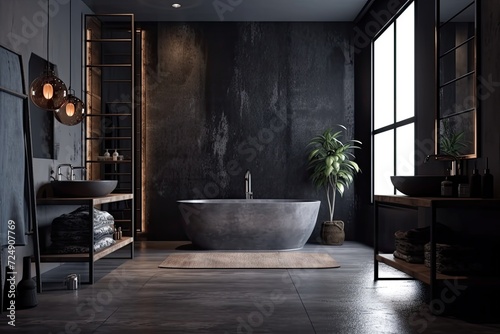 Interior of the bathroom is dark with a bathtub on a platform  a basin  a dresser  and accessories. The floor is grey concrete. a hotel bathroom with a wall that represents a copy space