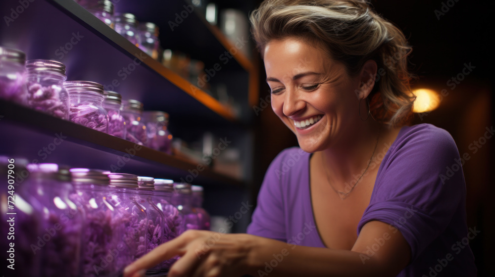 Happy woman who is smiling while reaching product from an upper shelf. Jar with flowers. Canned smell perfume industry Happy woman who is smiling while reaching product from an upper shelf. Jar with flowers. Canned smell perfume industry