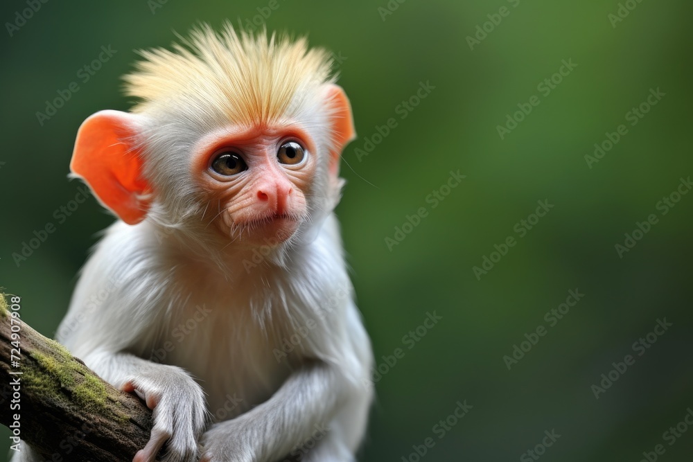 A small white and orange monkey perched comfortably on a sturdy tree branch, The Red-shanked douc, a species of Old World monkey, AI Generated A small white and orange monkey perched comfortably on a sturdy tree branch, The Red-shanked douc, a species of Old World monkey, AI Generated
