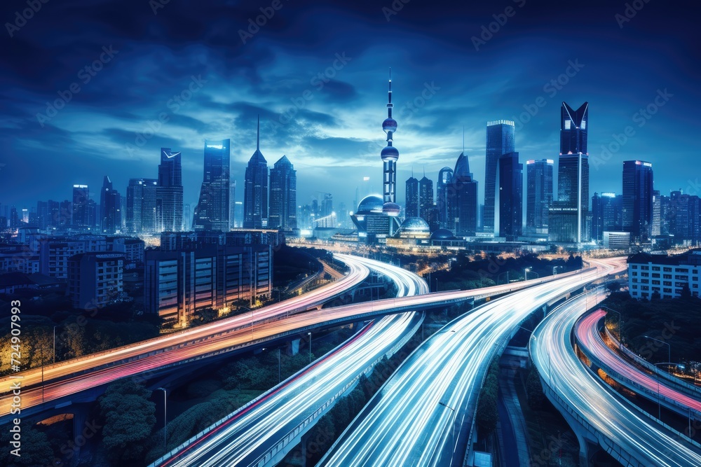 A Striking Evening Vantage, A Citys Nighttime Panorama Unveiled, The Shanghai city skyline and expressway at night in China form a captivating urban landscape, AI Generated