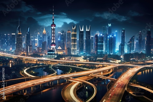 Urban Landscape, A Thriving Metropolis With Towering Skyscrapers, The Shanghai city skyline and expressway at night in China form a captivating urban landscape, AI Generated