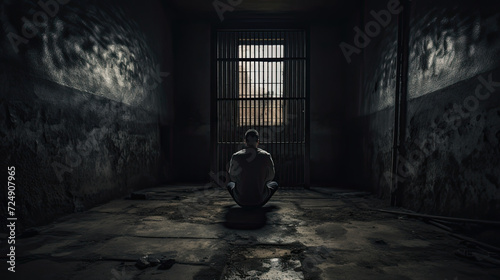 Sad depressed man lonely in a dark prison cell. photo