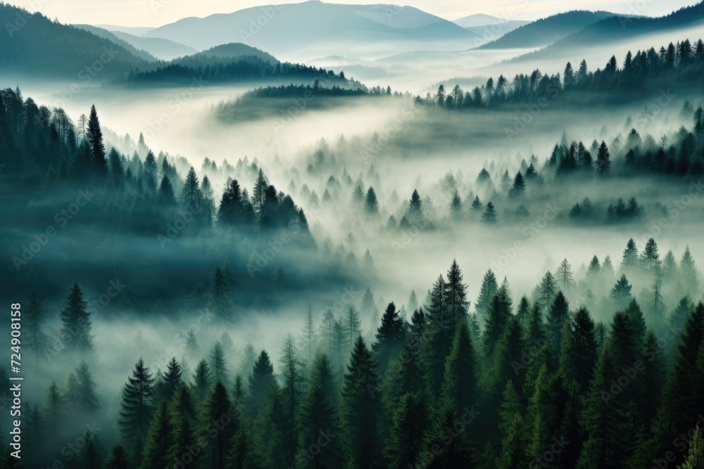 Journey through a magical forest with an endless array of trees shrouded in a mysterious fog, Thick fog covering a dense coniferous forest, seen from a bird's eye view, AI Generated